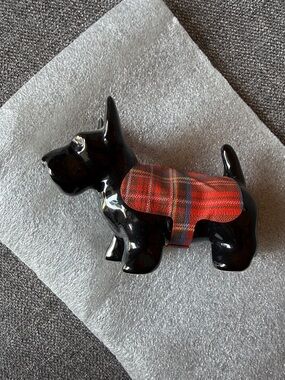 Black Scottie Dog Figurine with Red Tartan Coat - Decorative Accessory